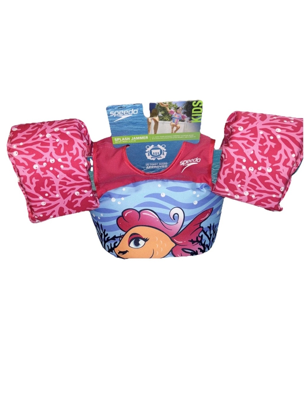 Speedo Kids Float Vest with Pink Arm Panels and Blue Fish Design